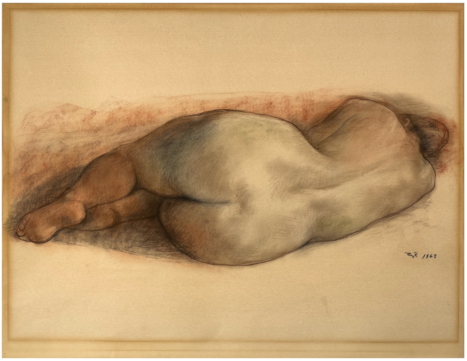 official Fundación Zúñiga Laborde catalogue raisonné as No. 4056A, Espalda de desnudo acostado / Back of Lying Down Nude, 1963, museum framing with museum glass by Francisco Zuniga (1912-1998)