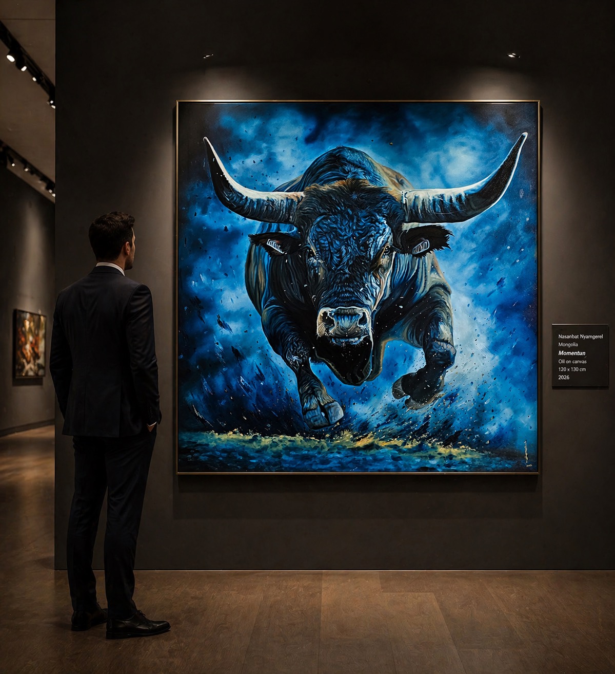 Large contemporary bull painting presented for a private collector in a gallery environment