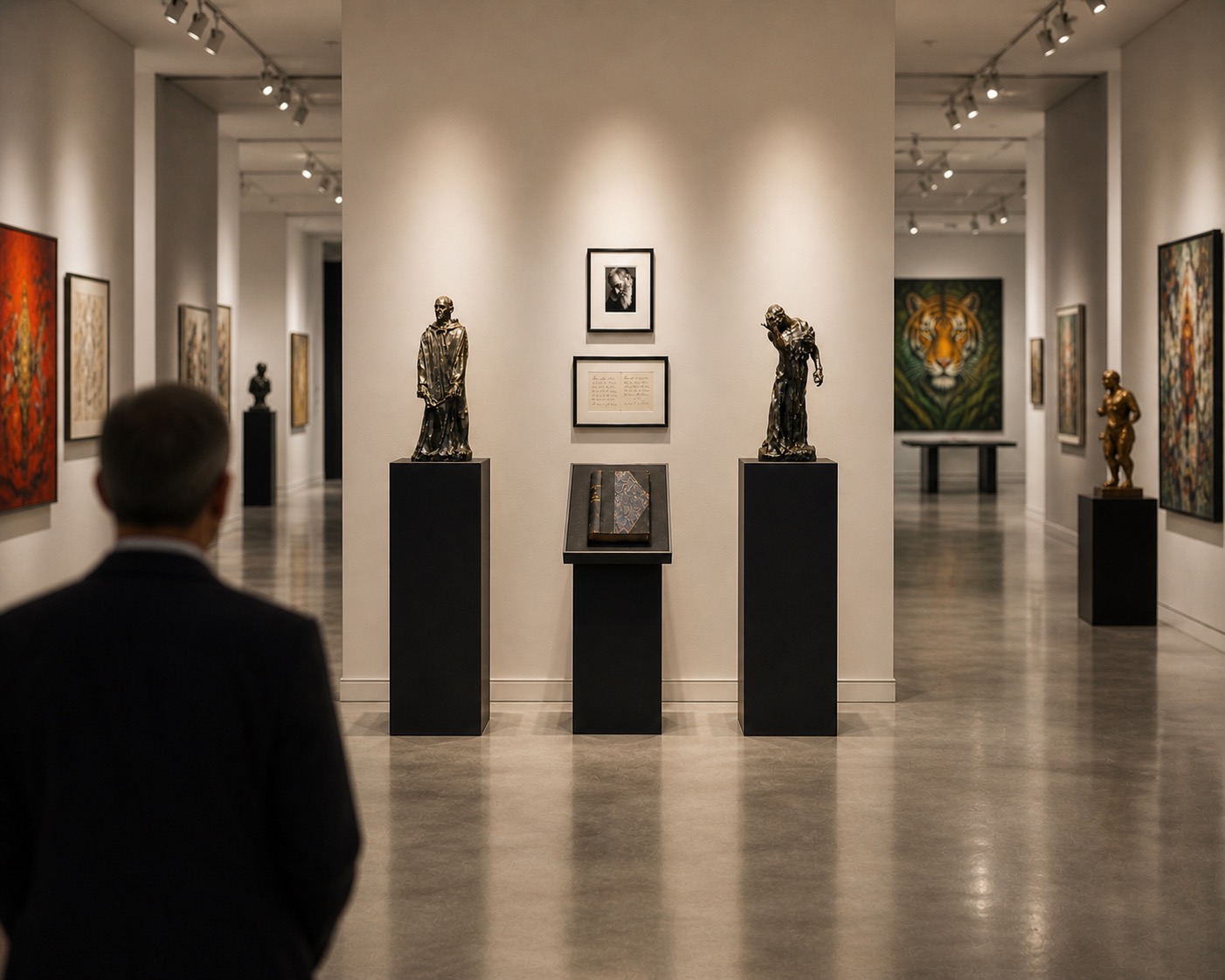Fine art gallery interior with historic and contemporary works