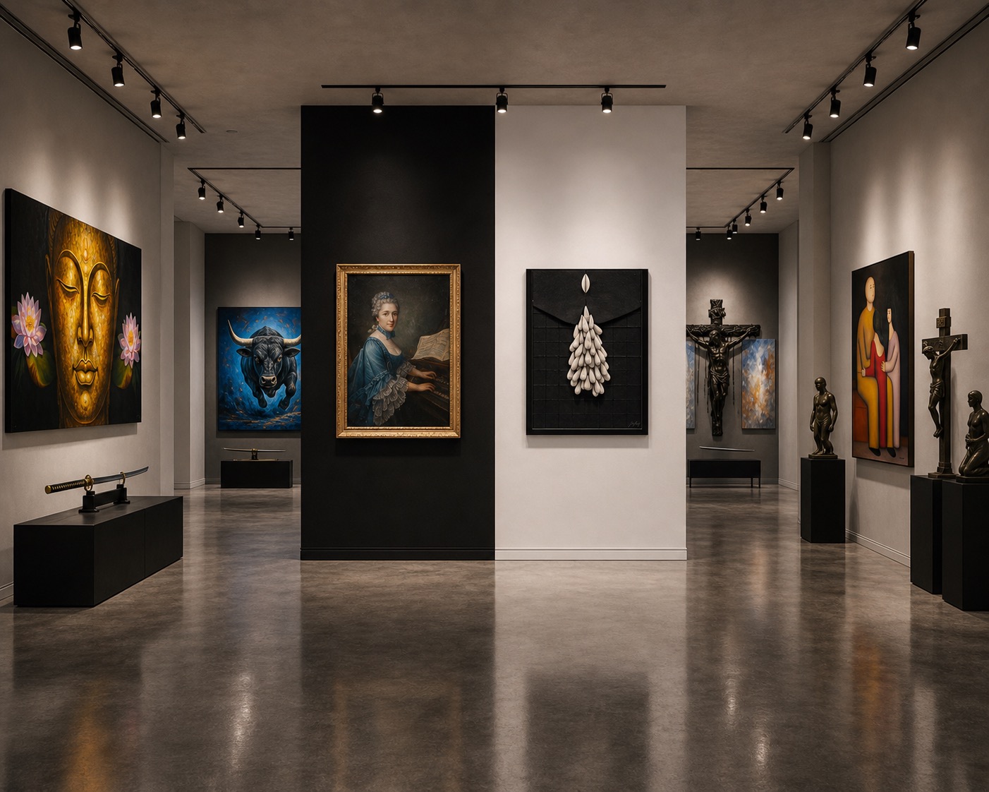 Fine art gallery presentation featuring painting, sculpture, and curated objects for Atlanta-area collectors