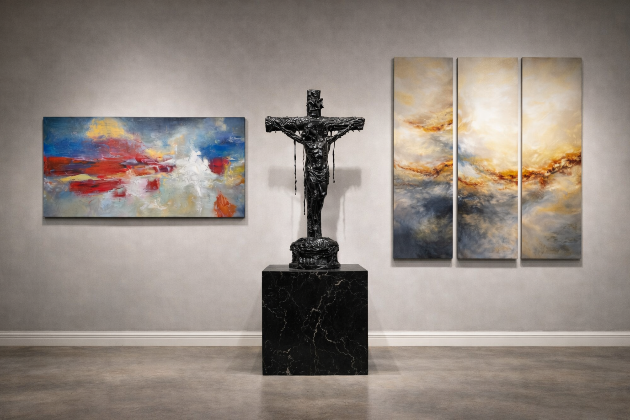 Mattia Biagi centered between two Andrada Anghel abstract paintings